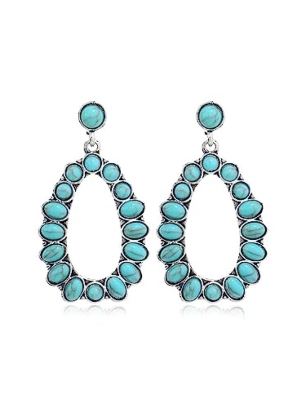 Vintage Turquoise Oval Flower Drop Dangle Earrings